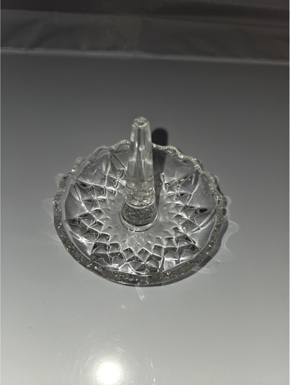 Vintage Clear Cut Glass Ring Holder Dish Scalloped Edge Trinket Vanity A6